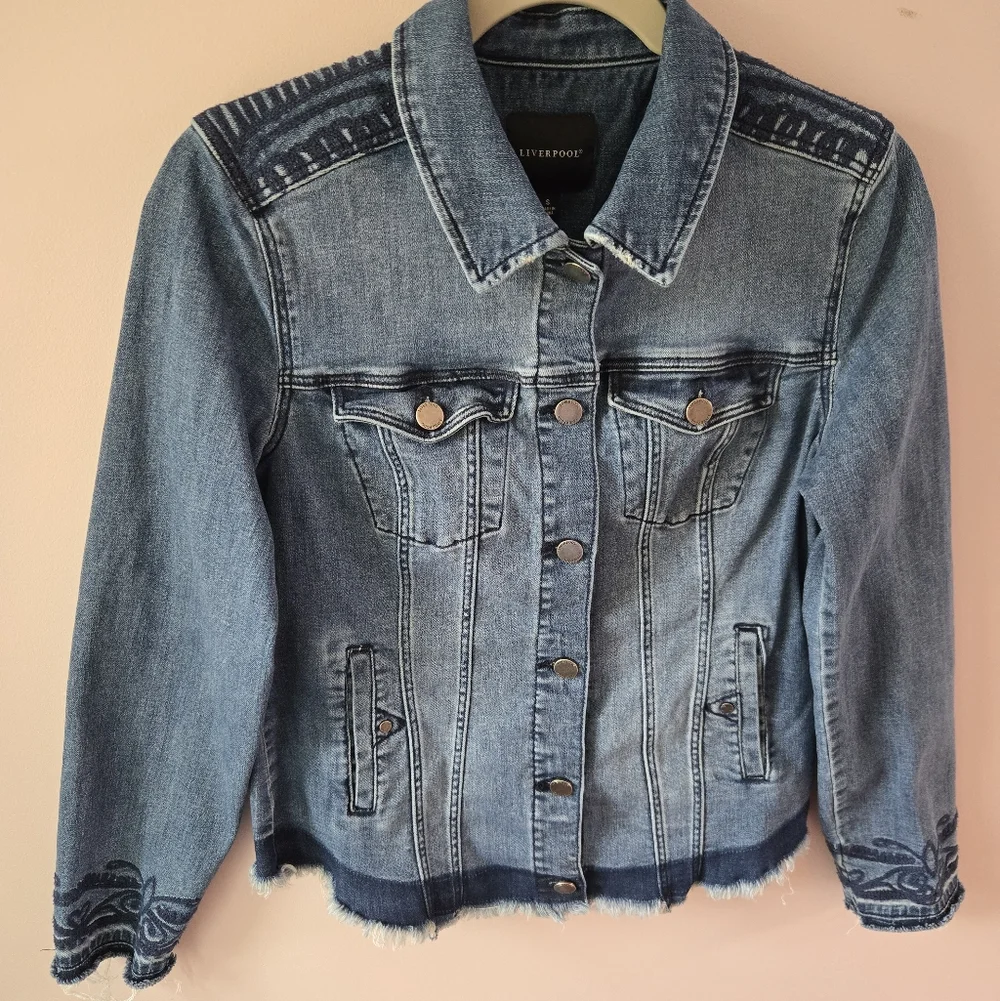 Liverpool Embroidered Raw Hem Denim Jacket - Melbourne Light - Size S - Picture 1 of 12
